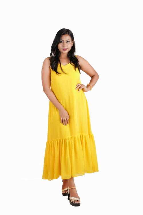 DRESSED UP DIVAS Solid Georgette Stitched Flared/A-Line Gown (Yellow)