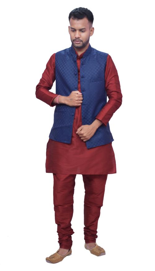 MAG Men's Red Matching Kurta Churidhar with Designer Blue Waistcoat