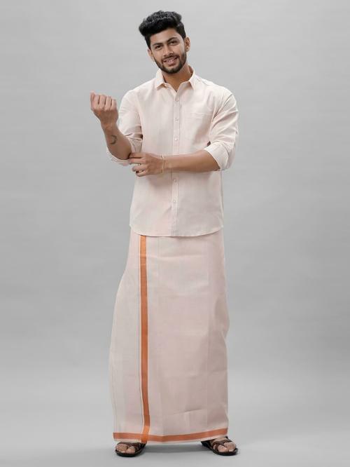 Ramraj Men White Solid Spread collar Long sleeves Tissue Shirt and Dhoti Set.