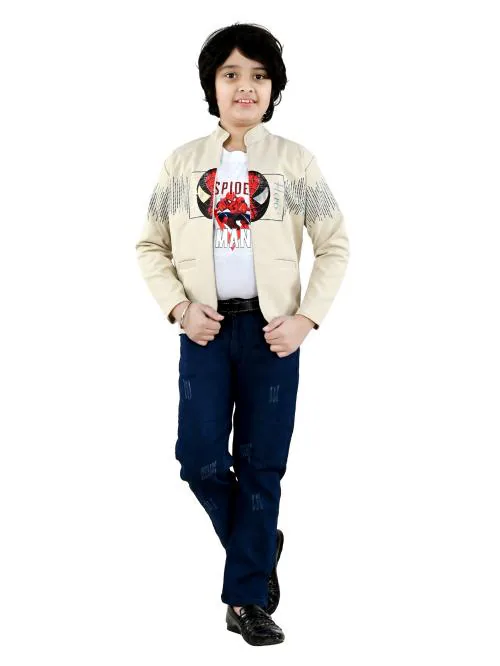 BILLIONAIRES CLOTHING Royal Blazer Set For Kids / 3 Pcs Set (1 Blazer 1 T-shirt 1 Jeans) / Size 6 years / Beige