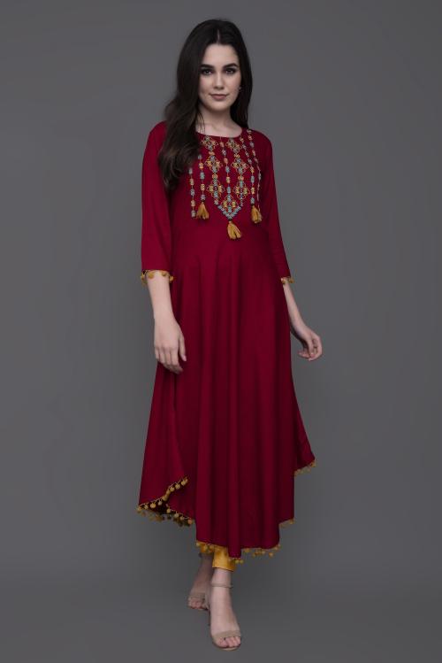 Gulmohar Jaipur Women Maroon Embroidered Rayon Kurta