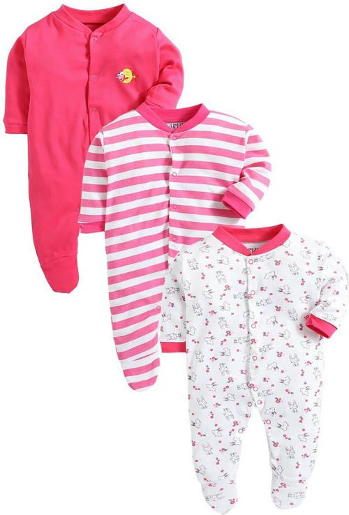 MM IMPEX Baby Boys and Girls Pink Striped Cotton Blend, Hosiery Pack of 3 Romper 3-6 MONTHS| Rompers |Sleepsuits | Jumpsuit |Body suits