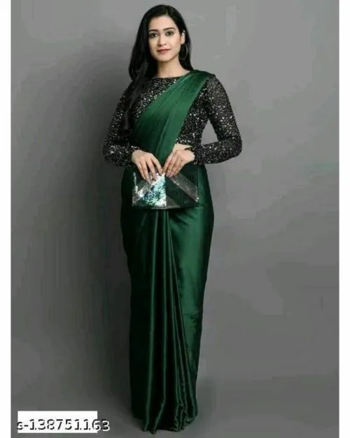 SAADHVI Women's Black Japan Satin Plain saree / saree for women / sarees / sarees latest / sari With Blouse