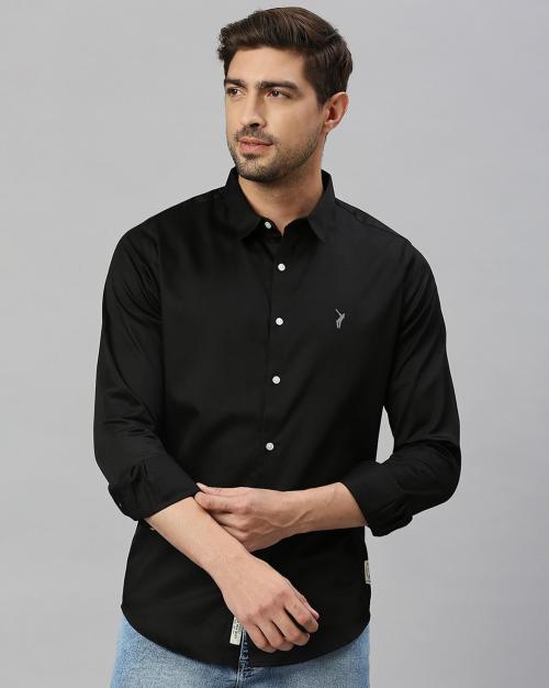 Thomas Scott Men Black Cotton, Lycra Classic Slim Fit Shirt (M)