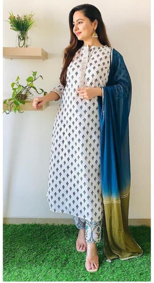 ETHNIC TIME Ladies White Cotton Printed Kurta, Palazzo & Dupatta Set For Girls/Women|| Size-L ||