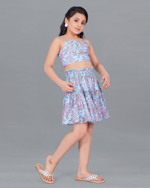Fashion Dream Girls Sky Floral Printed Georgette Pack Of 1 Top & Skirt Set | Kids Wear | Girls Top Skirt Set | Girls Clothing Set