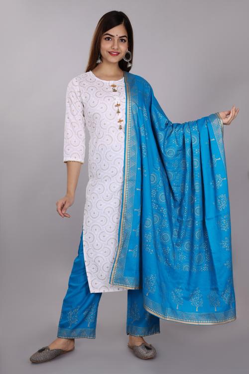TOP 2 BOTTOM RAYON WHITE PRINTED KURTA PALAZZO DUPATTA SET FOR WOMEN