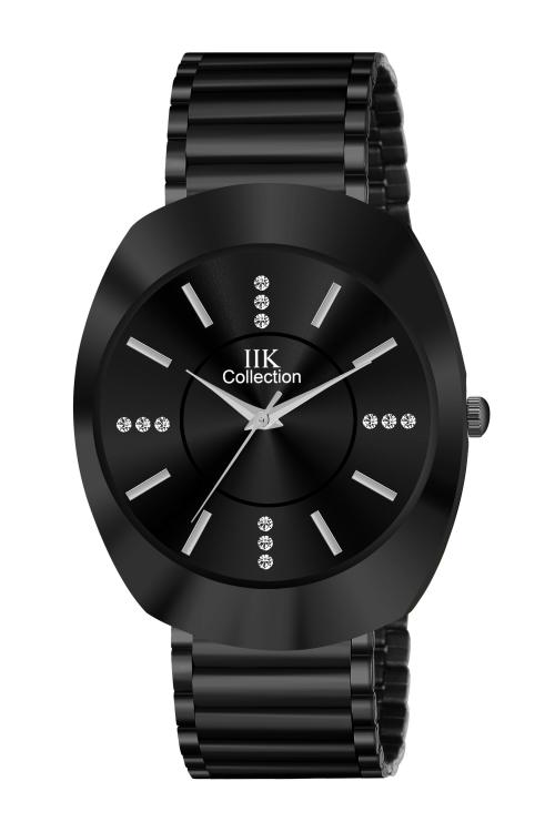 IIK COLLECTION Round Stone Studded Formal Black Dial With Metallic Bracelet Black Chain Strap Analogue Wrist Watch for Men -(IIK-737M)