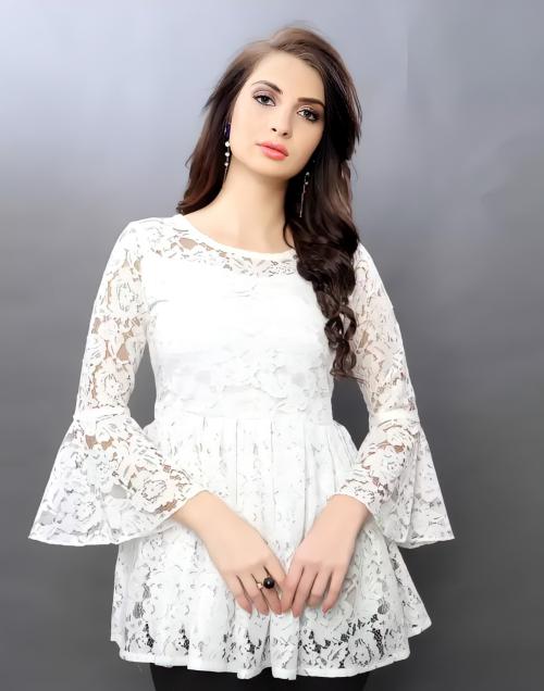 HEMANG FASHION Women White Self Design Net Bell Sleeves Top (Xl)
