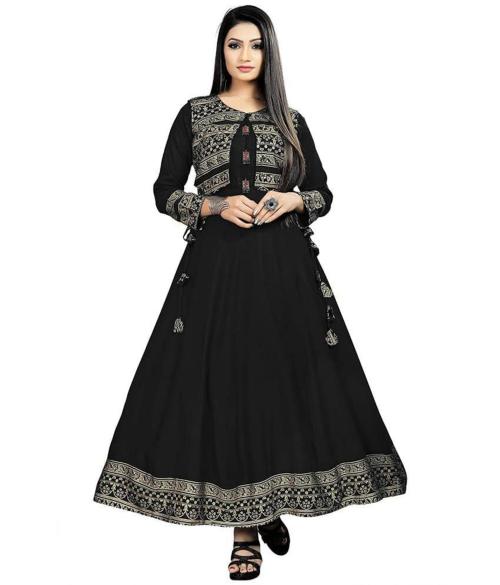 Helwin Designer Women Black Printed Rayon Anarkali Kurta With Koti Set (M)
