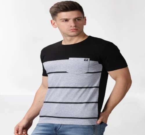 THE FASHION FACTORY Men Striped Round Neck Cotton Blend Black, Grey T-Shirt-C