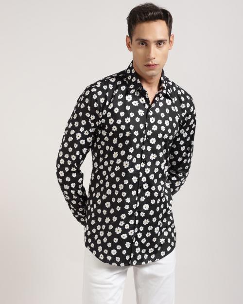 Monsui Black white sunflower| spread collar| long sleeve| men shirt