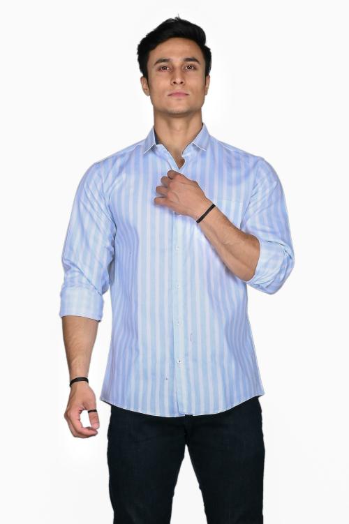Blezza Men White, Blue Striped Pure Cotton Casual Shirt