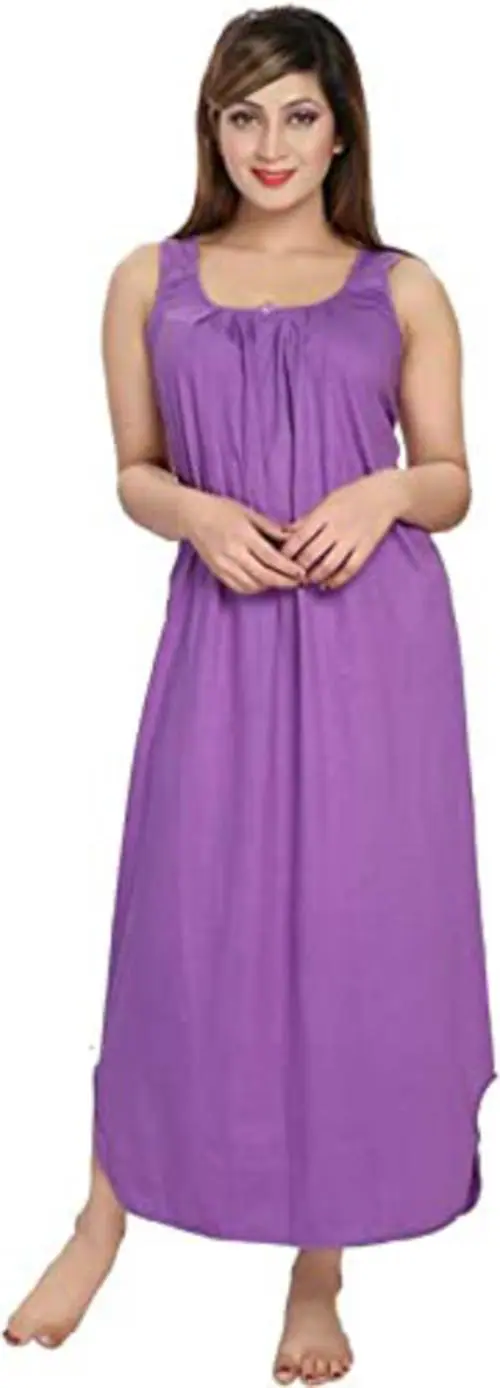 Kavanng Nighties for Women's Cotton Silk Sleeveless Nightdress Ankle-Length Solid Slip Maxi (XL, LPURPLE)