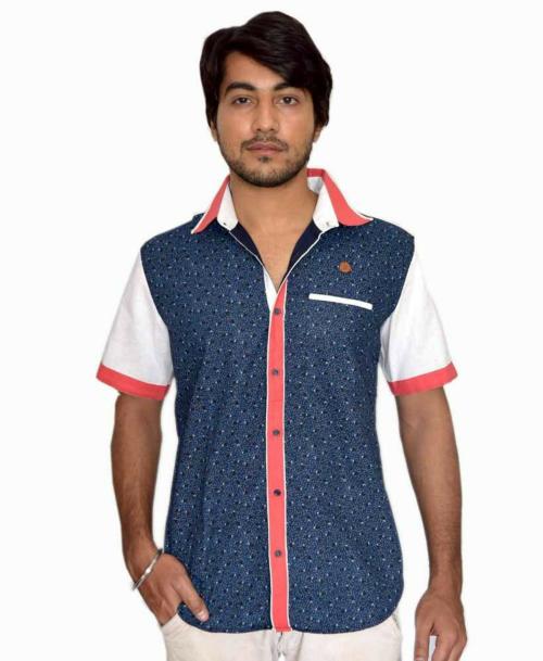 PP SHIRTS Men Blue Printed Cotton Blend Regular Fit Curved Collar Casual Shirt (Xl)