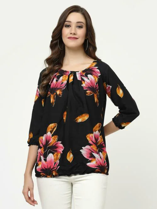 MISS AYSE Trendy Fancy Black Color Crepe Round Neck Top