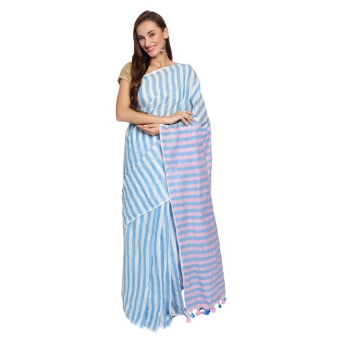 Studio Curate Women Pure Cotton Handloom Striped Saree with Blouse Piece (White, blue and pink)