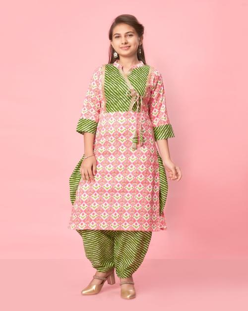 Aarika Girls Gajri-Green Colour Cotton Printed Kurti Patiala Set