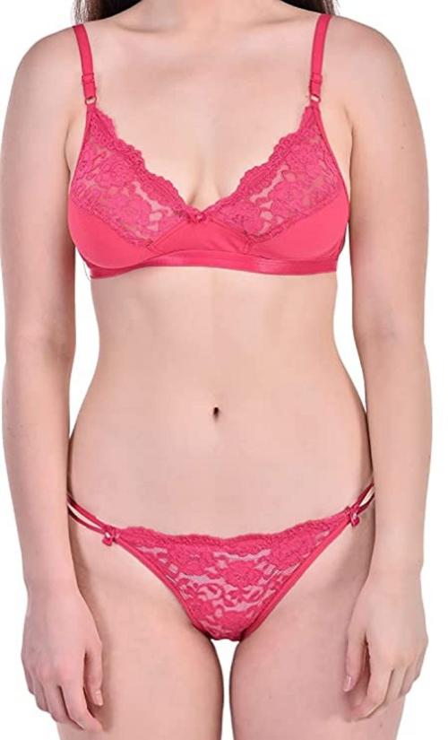 Her-Class Women PINK Lingerie Set Sexy Non Padded Full Coverage Bra and Panty Set for Women & Girls