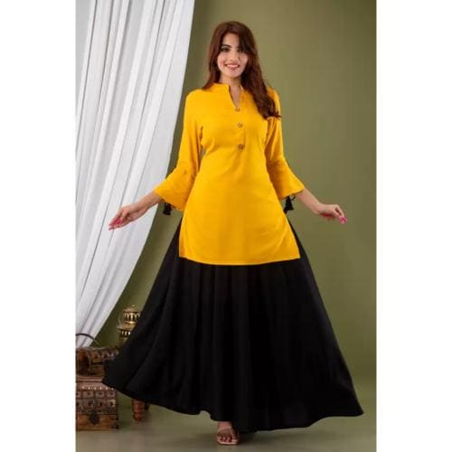 CLOTERI Designer yellow and Black Color Kurti with Skirt(Size-L)