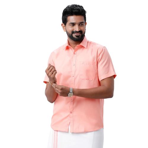 UATHAYAM Xpress Pale Orange Cotton Rich Half Sleeve Solid Slim Fit Shirt & Dhoti Set for Men Pack of 1