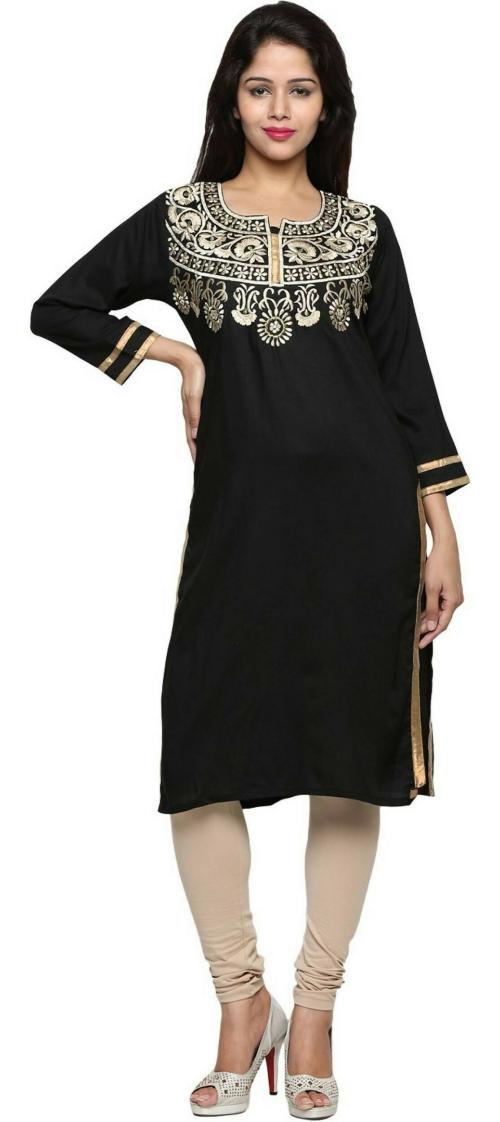 Inara Robes Women Black Embroidered Cotton Rayon Straight Kurta - S