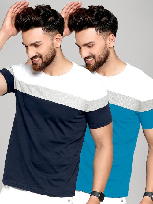 AUSK Men's Casual T-shirt Blue & White Colourblock Round Neck Half Sleeve Pack of 2