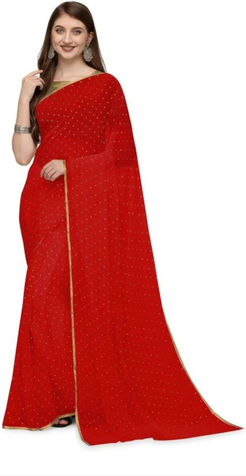 LADYMINT Women Red Solid/Plain Chiffon Women'S Sarees