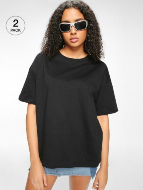 Bewakoof Women's Black Solid Round Neck Short Sleeve Oversized T-shirt (Pack of 2)