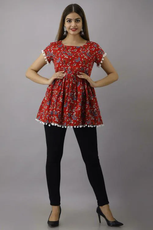 WOMEN TOUCH Women Red Printed Pure Cotton Tops