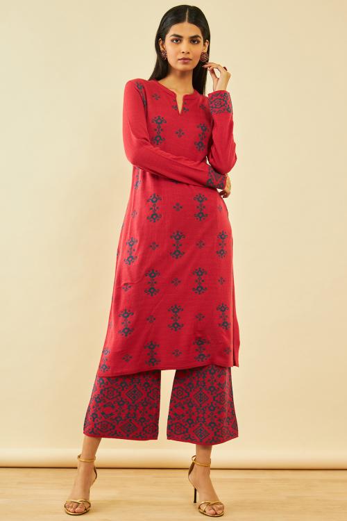 Soch Womens Rust Woven Design Winter Kurta Set