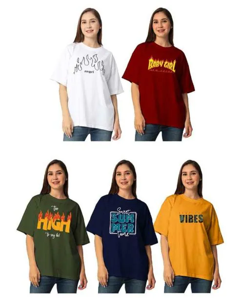 STATUS MANTRA Combo Set of 5| Oversized T-Shirt| Women's Pure Cotton Round Neck Casuals | Half Sleeves Comfort Colour T-Shirt