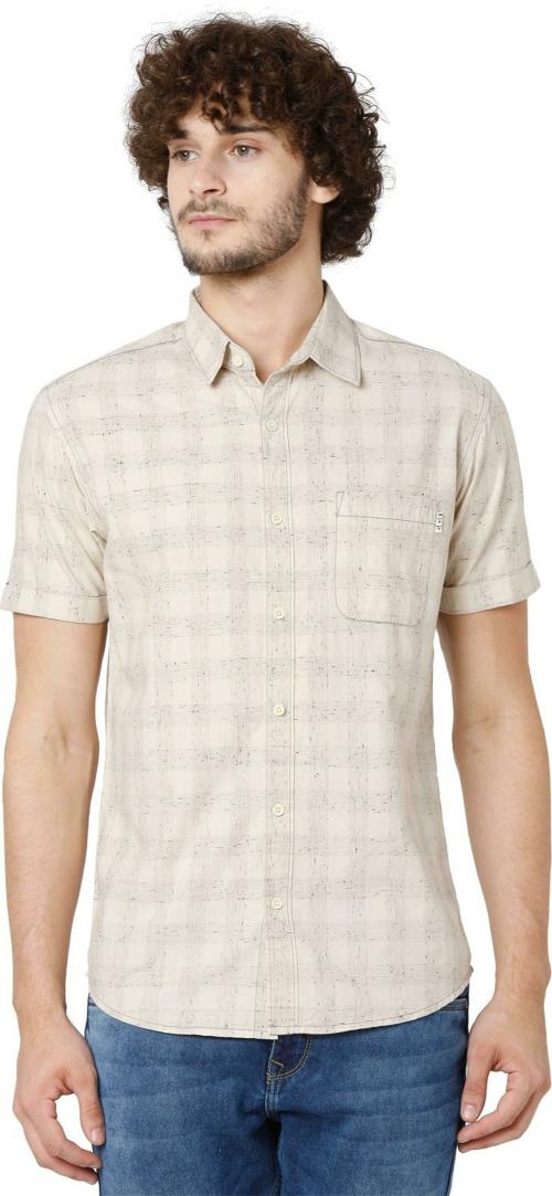 Mufti Off White Grid Check Slim Fit Casual Shirt