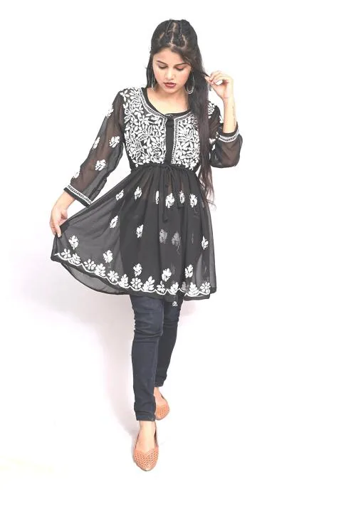 Sparkee Darkee Women Black Georgette Short Gown Chikankari Kurti (S)