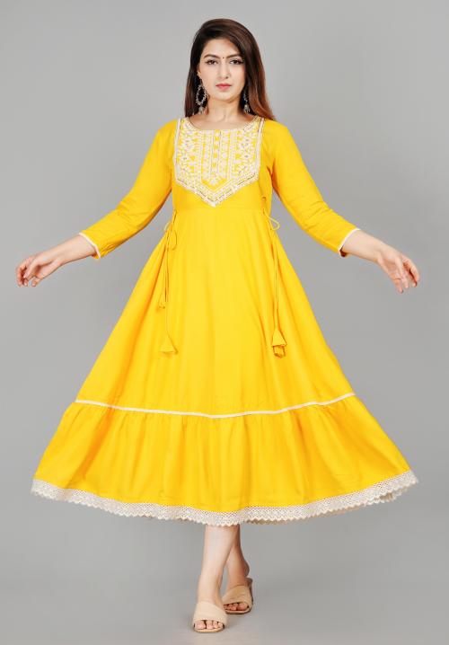 Mintmarie Women's Yellow Embroidered Anarkali KurtI (M)