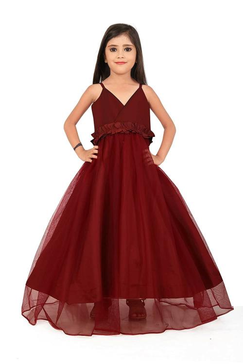 NOYYAL Girls Net & Satin Gown Dress for Kids-Maroon-3-4 Years