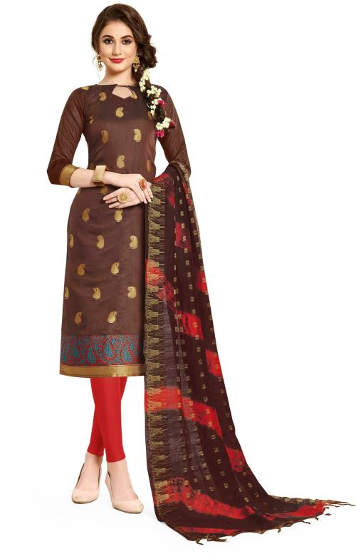 Manvaa Women Brown Self Design Silk Semi-Stitched Dress Material