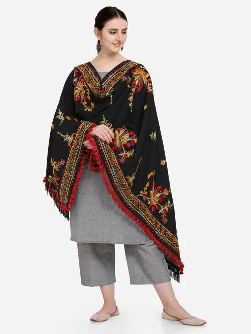 Black Kashmiri Embroidery Tassel Dupatta