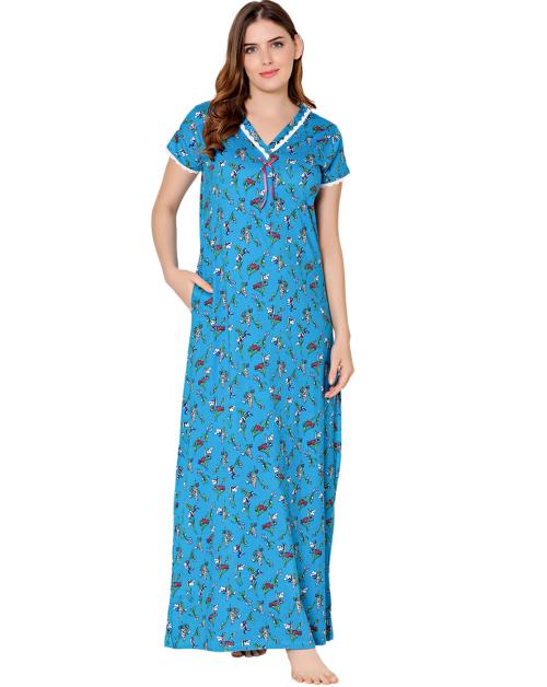 Bodycare Womens Combed Cotton V Neck Printed Long Night Dress-BSN10008
