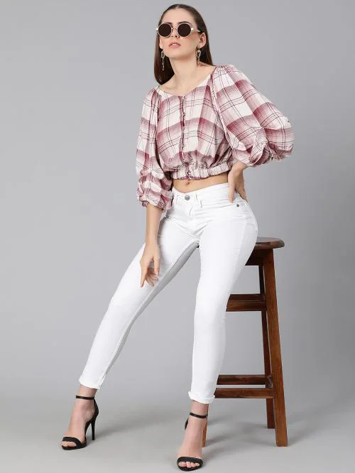 Oxolloxo Dora white check print off-shoulder women top