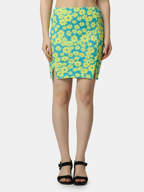 Popwings Casual Green Front Slit Mini Length Floral Printed Skirt For Women | Mini Length Skirt | Latest Printed Skirts | Daily Wear Skirts | Western Wear Skirts