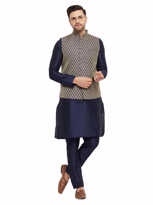 Vastramay Men's Navy Blue Silk Blend Jacket, Kurta and Pyjama Set