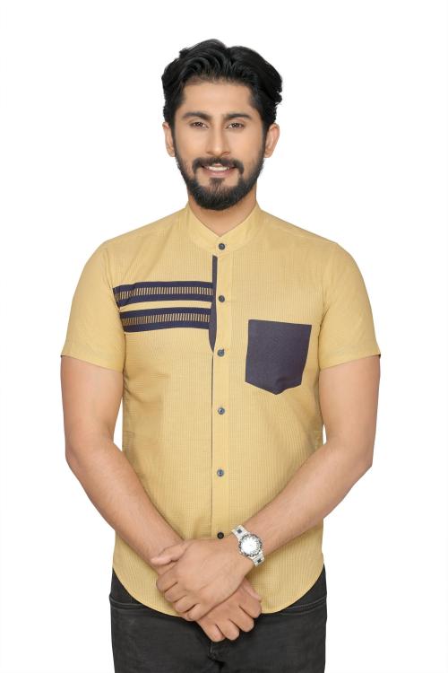 PP SHIRTS Men Beige Color Block Cotton Blend Casual Shirt (L)