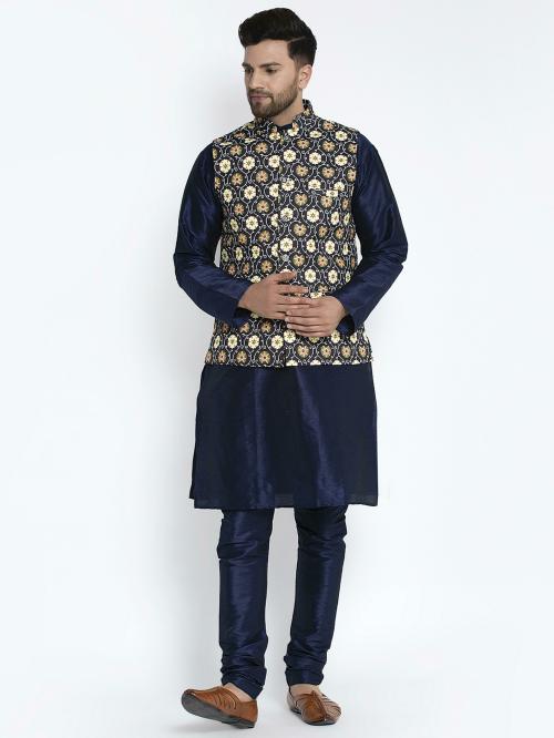 Benstoke Men's Silk Blend Navy Blue Kurta With Pyjama & Black Printed Nehru Jacket