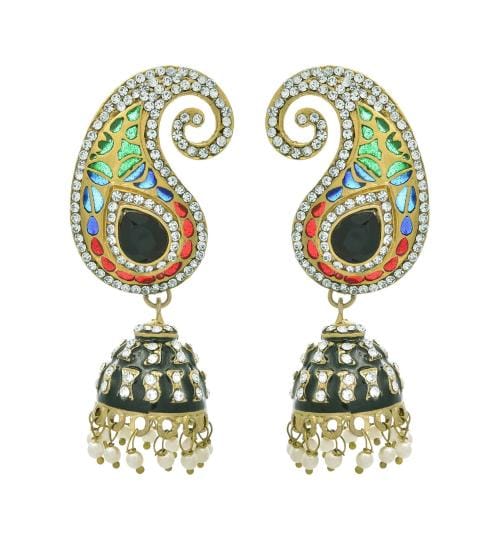 Jfl - Jewellery For Less Traditional Matt One Gram Gold Plated Black Stone And White Dimond Designer Jhumki Earring For Women