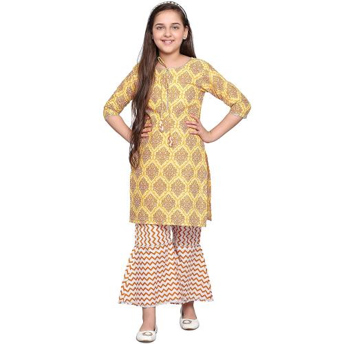 Curly Tales Girls Mustard Printed Cambric Cotton Kurta With Sharara (9 Years-10 Years)