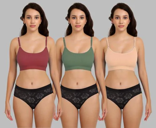 In-Curve Women's Maroon,Green,Brown Cotton Bra Panty Set for Lingerie Set Undergarments/Nightwear/Hot & Seexy for Couples Honeymoon Set/First Night/Anniversary