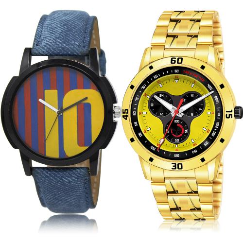 TIMENTER New Tread Messi Football And Gold Chain Blue And Gold Colour Analog Genuine Leather And Stainless Steel Belt 2 Watch Combo For Boys And Men - BL46.10-(27-S-21)
