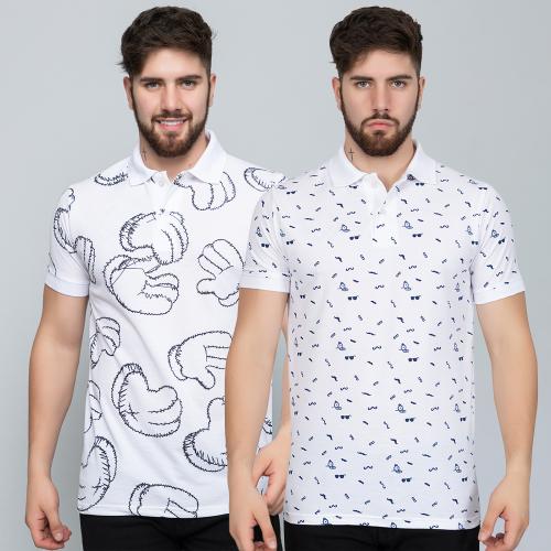 Ekom Mens Polo Neck Half Sleeve Cotton Bledn Printed T-Shirt Pack of 2 - White