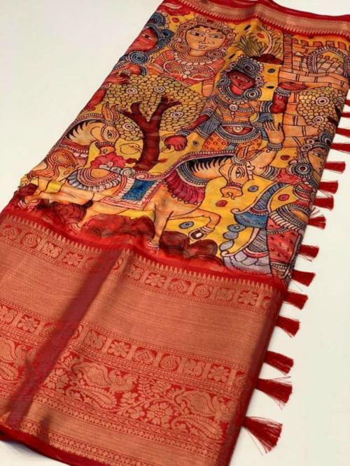 Lyuson Women Yellow Printed Jacquard, Pure Silk Kalamkari Saree